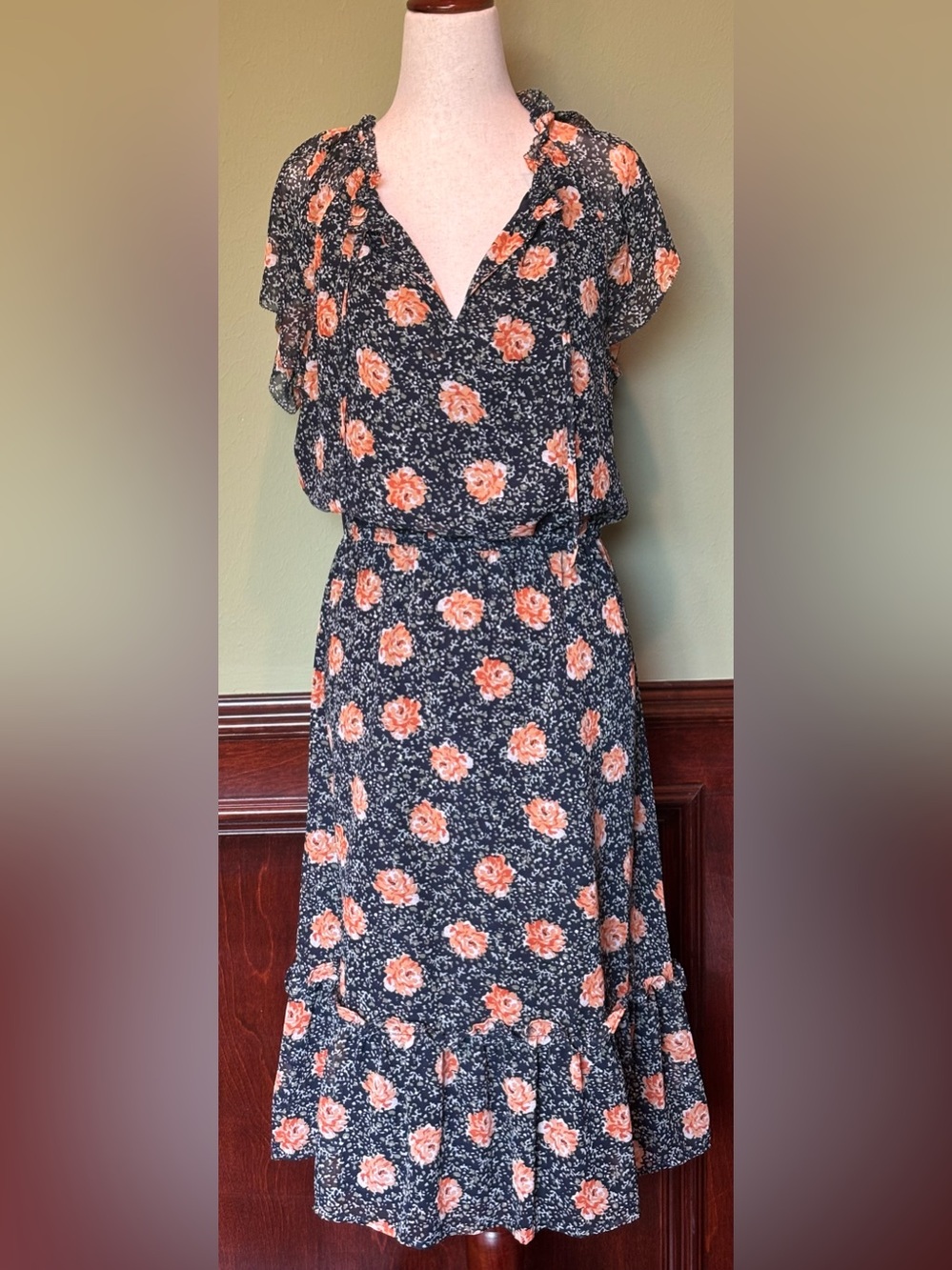 LOFT Black Midi Dress with Coral Floral Print